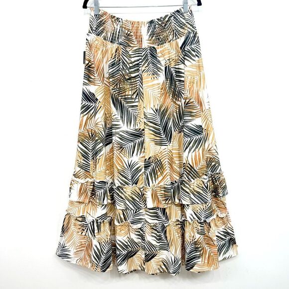 Robert Louis White Brown Tropical Palm Leaf Print Iered Ruffle Maxi Skirt NEW - Picture 7 of 13